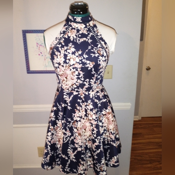 B DARLIN Printed Mock-Neck Crochet-Trim Fit & Flare Dress - Picture 1 of 5